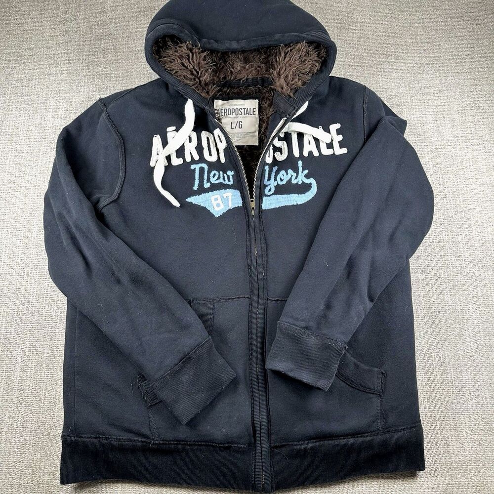 Y2K Aeropostale Hoodie Mens Large Black Sherpa Lined Full Zip New York Graphic